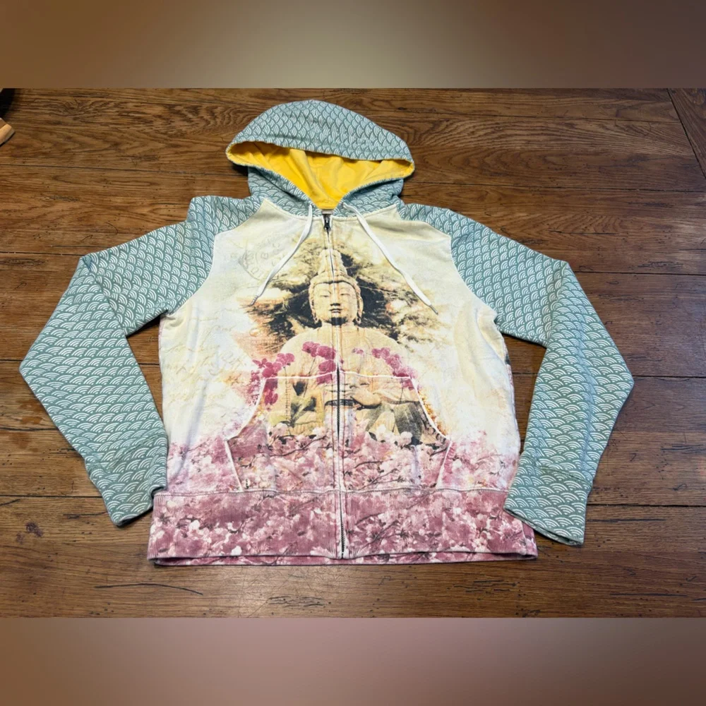 Y2K Lucky Brand  Graphic Artsy Japanese Buddha Cherry Blossom Zip Hoodie - Picture 5 of 6